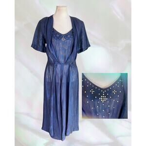 Vintage 50s Sa'betta of Calif Blue Watercolor Print Stone Pearl Cocktail Dress M